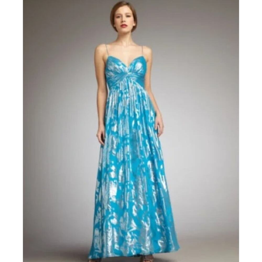 AIDAN MATTOX new ice aqua blue silver metallic 100% silk strapless gown dress